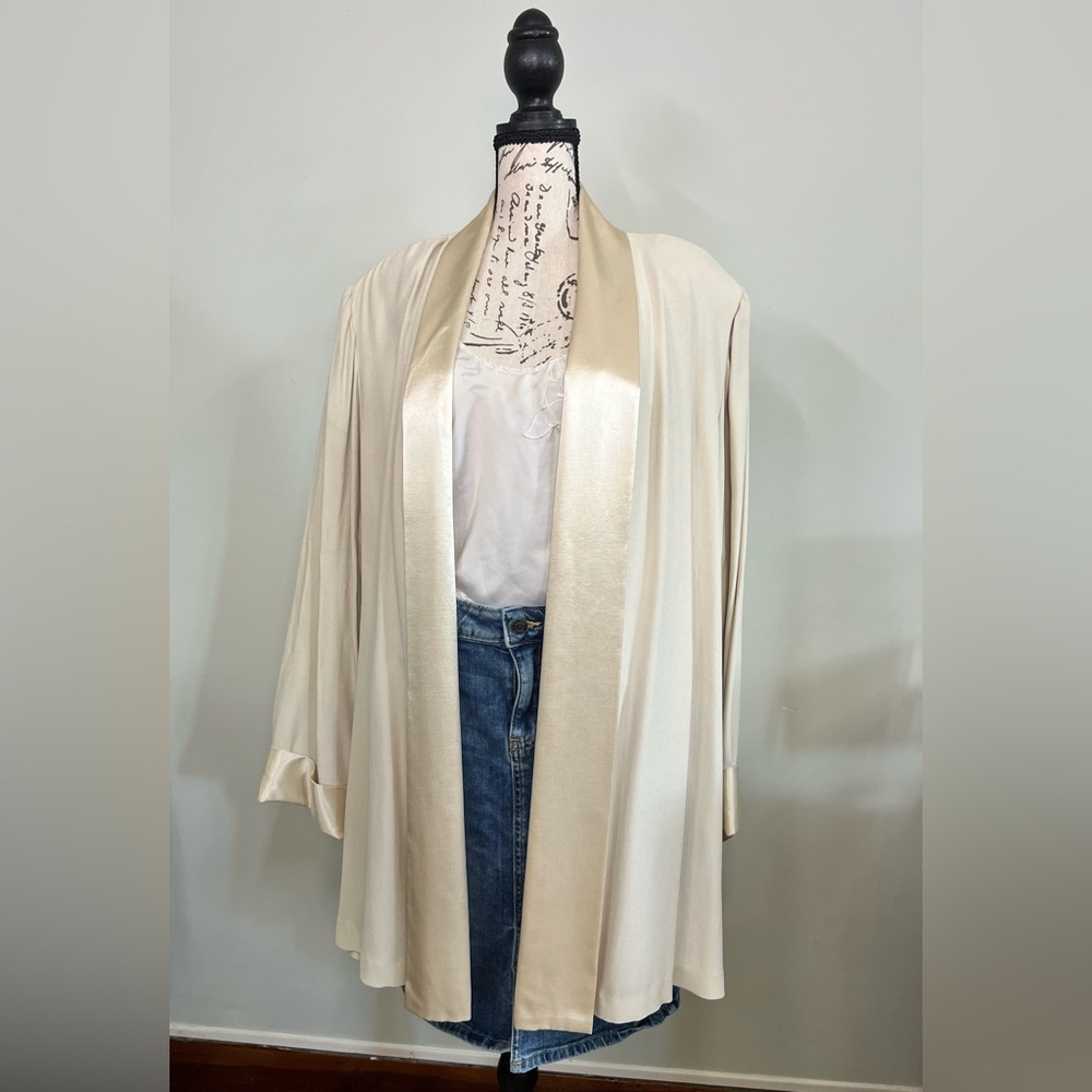 Vintage Dawn Joy Fashions Satin Trim Cover Up Blazer – Open Front – USA Made